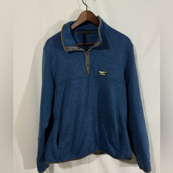 L.L. Bean Men’s Large Snap Fleece Pullover Blue Heather Quarter Button Collar - Picture 2 of 5